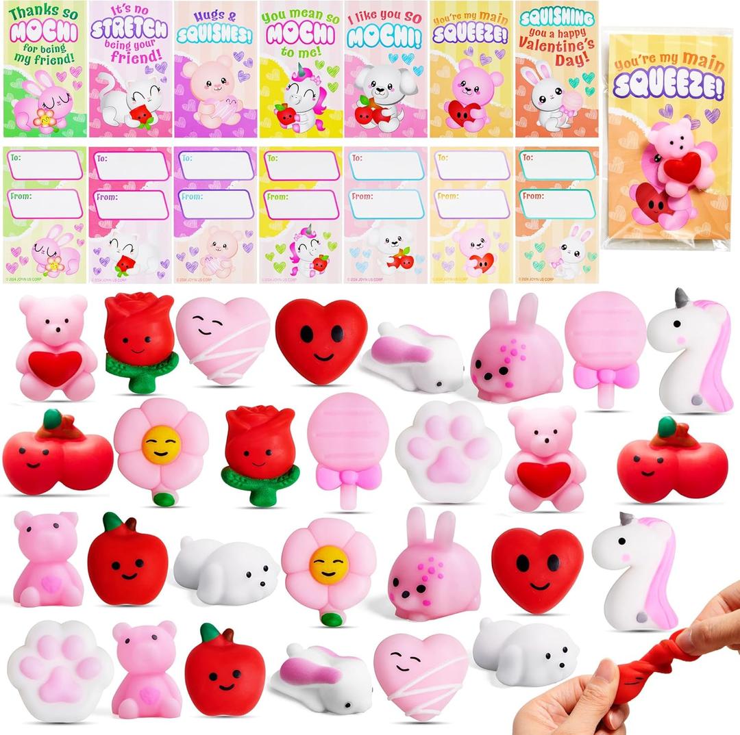 JOYIN 28 Packs Valentines Day Gift Cards with Mochi Squishy Toy for Kids, Kawaii Animal Mochi, Stress Relief Fidget Toys for Kid Party Favor Classroom Exchange Prize
