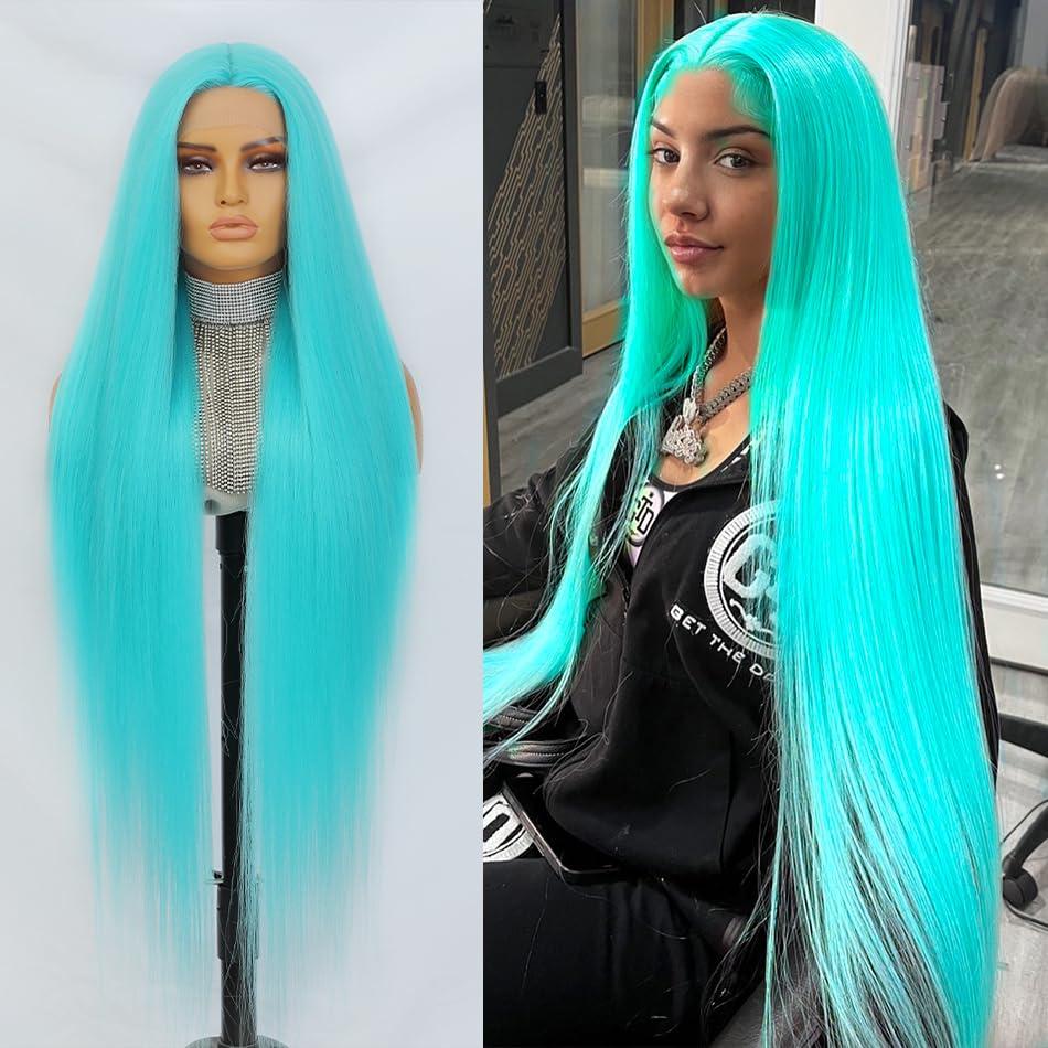 Felek Super Long T Part Lace Wigs 40 Inch Blue Teal Long Hair 13x4x1 T Lace Front Wigs Heat Resistant Fiber Glueless Pre-Plucked Natural Hairline Lace Wig For Fashion Women/Girls(BLUETEAL)