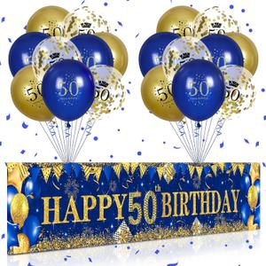 50th Birthday Decorations for Men and Women - Blue and Gold Yard Banner With 18 PCS Balloons for Anniversary Party Supplies - Indoor Outdoor Decor