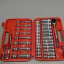 EACELIY 44pcs 3/8" Drive Impact Socket Set,Drive Master Socket Set,SAE/Metric, Deep & Shallow with 3/8" Drive Head Ratchet,Universal Joint,Extension bar (3 & 6),6 Point,CR-V SteelMirror Chrome