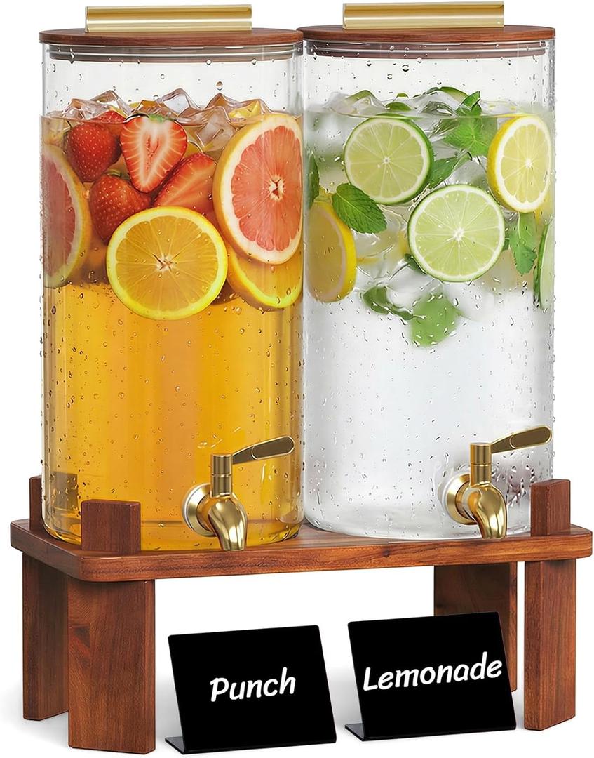 Lifewit 1.5 Gallon Drink Dispenser for Parties, Glass Beverage Container with Wood Stand for Juice/Tea/Soda & Lemonade, Water Pitcher with Leakproof Stainless Steel Spigot for Mimosa Bar Hosting 2 Pcs