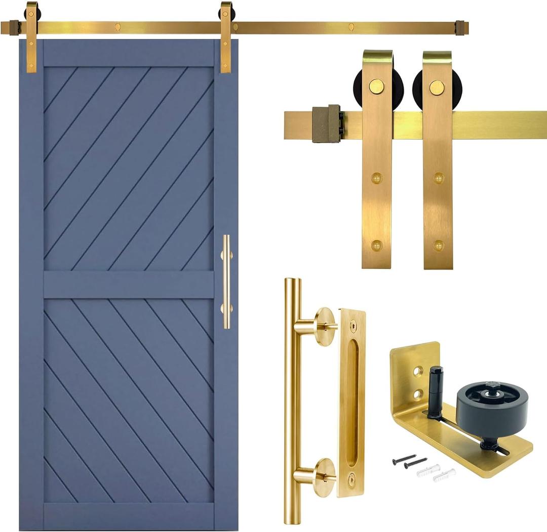 Rio Salto Brushed Brass Gold Barn Door Hardware Kit – 72" (6 Ft) Track System for Single Door – Heavy Duty Rail with Rollers, 12" Handle & Floor Guide (Door Not Included)