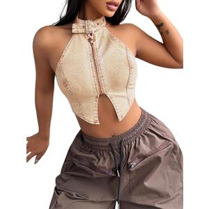 Floerns Women's Denim Backless Halter Zipper Cut Out Y2K Vest Streetwear Sleeveless Tank Tops (Large, Khaki)
