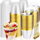 Jinei 50 Sets 9 oz Plastic Dessert Cups with Dome Lids Spoons Gold Rimmed Clear Disposable Plastic Fruit Cups with Lids for Yogurt Parfait Pudding Cupcake Ice Cream Party Wedding Reception