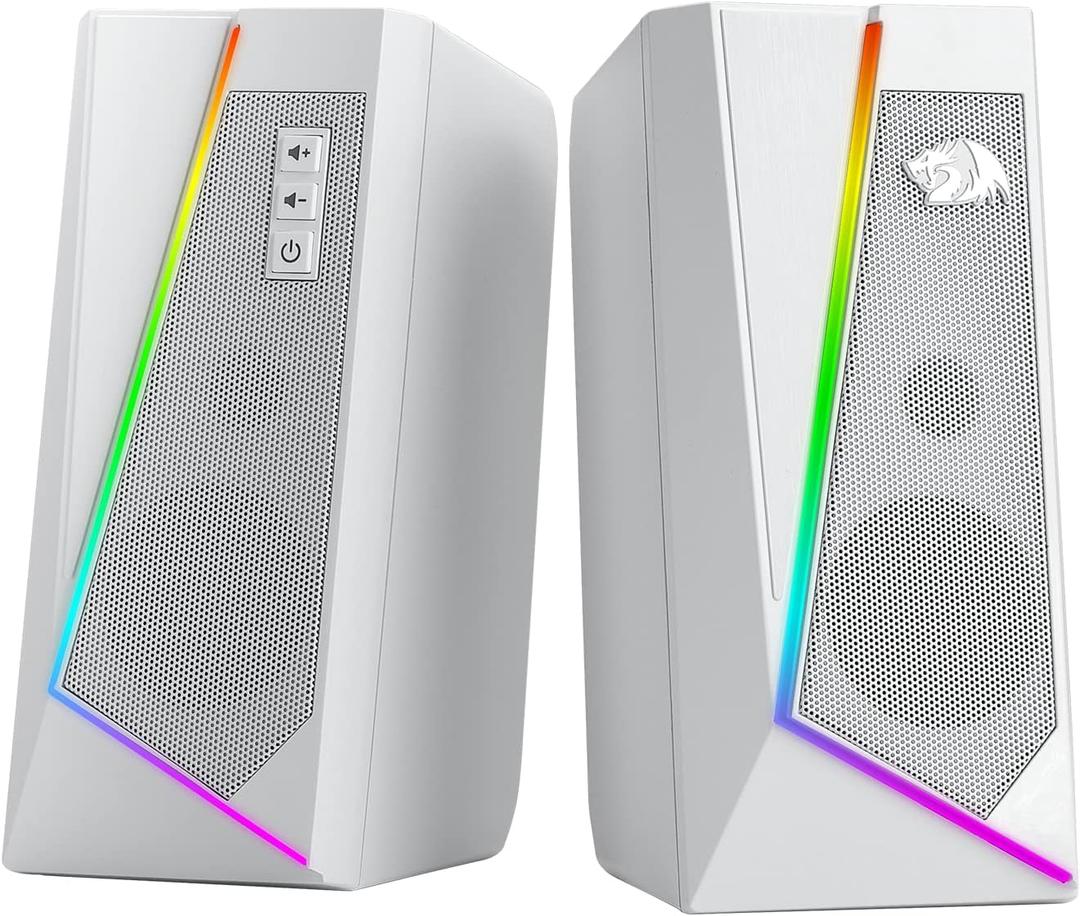 Redragon GS520 RGB Desktop Speakers, 2.0 Channel PC Computer Stereo Speaker with 6 Colorful LED Modes, Enhanced Sound and Easy-Access Volume Control, USB Powered w/ 3.5mm Cable, White