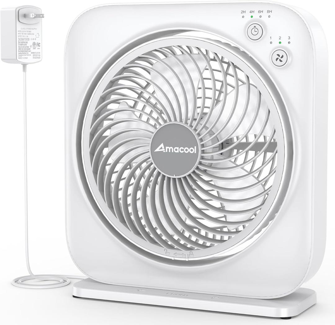 AMACOOL Table Fan, 12 inch Box Fan with 3 Speeds & 8HRS Timer, 270 Pivoting Quiet Air Circulator, Desktop Fan for Bedroom Bathroom Kitchen Office, AC Adapter Included, Co-Branded with Cmyfato-White