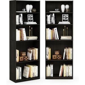 Furinno Jaya Book Shelf Set of 2, 5-Tier Bookshelf, Bookcase, with Adjustable Shelf, 9.5 x 24.5 x 71, for Home Office, Living Room, Espresso