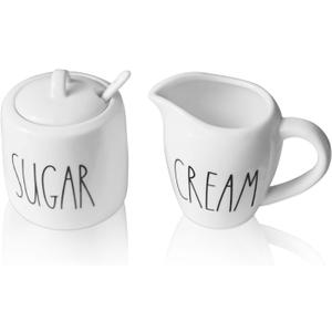 Sugar and Creamer Set, Cream Container and Sugar Holder Set for Coffee Bar, Farmhouse Sugar Bowl with Lid and Spoon, Ceramic Sugar Dispenser and Creamer Pitcher Set for Countertop (White)