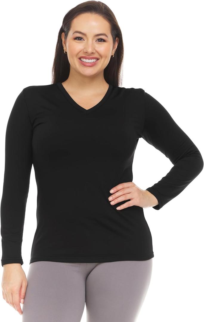 Thermajane Long Sleeve V Neck Thermal Shirts for Women Cold Weather, Womens Thermal Underwear Tops, Base Layer Women Thermal (Black, X-Large)