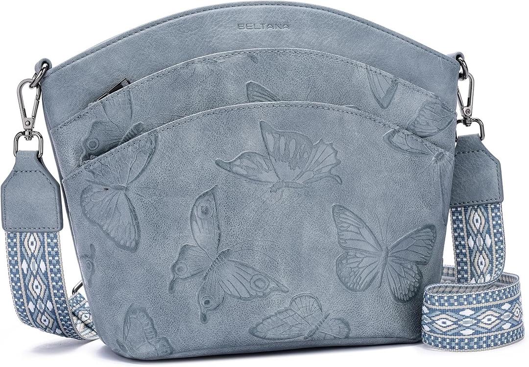 BELTANA Crossbody Purses for Women,Multi Pocket Medium Crossbody Bag,Adjustable Strap Shoulder Bag Butterfly Design | Zipper Pockets, Adjustable Strap, Lightweight, Satchel Bag, Gift for Women (Blue)