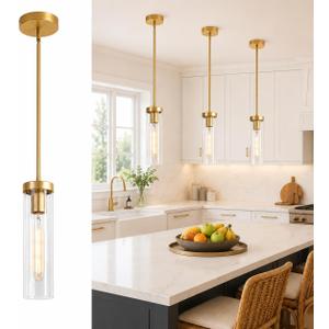 1-Light Brushed Brass Pendant Lights Kitchen Island, Modern Pendant Light, Single Gold Glass Fixture, Adj 71", High CRI 95+ E26, Kitchen Island Lighting, Dining Room, Entryway (Bulb Not Included)