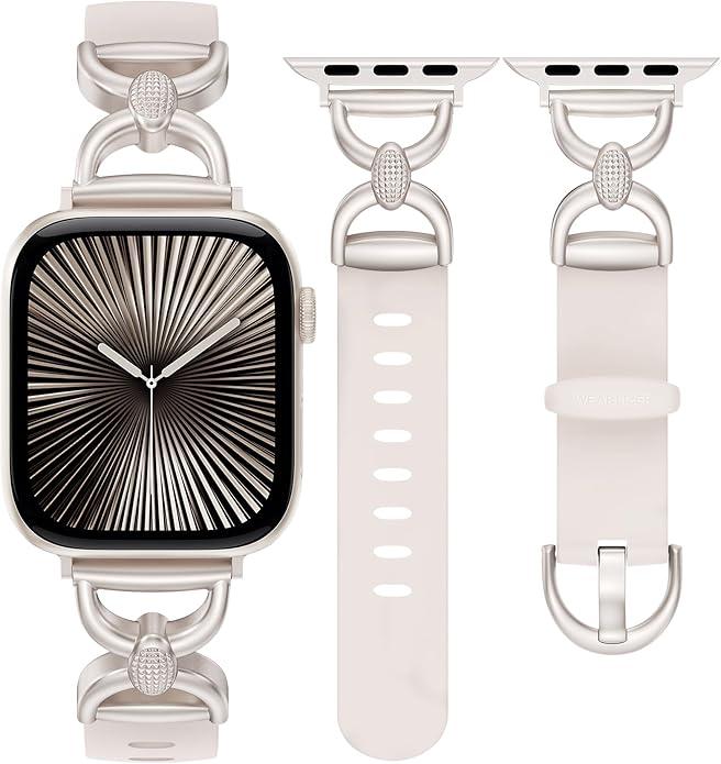 Wearlizer Silicone Band Compatible with Apple Watch Bands for Women 38/40/41/42mm, Dressy Chic Strap with Double D-Shaped Metal Elegant for iWatch Series