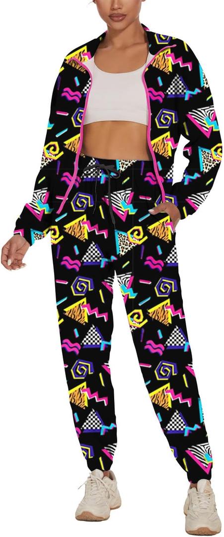 UOUA Women's Color Block 2 Piece 80s 90s Outfits Long Sleeve Windbreaker Jacket Tracksuit Set (Black Print) S