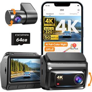 DDPAI 4K Dash Cam Front and Rear, Built-in 32G eMMC Dual Dash Car Camera,64GB Card Included Dashcam,Night Vision Dash Camera,5GHz WiFi, 7 Days Parking Mode,GPS,3" IPS, ADAS, WDR, Support 512GB,Z60