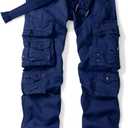 OCHENTA Men's Cotton Casual Cargo Work Pants Baggy Travel Hiking with Multi Pockets (No Belt) (32, Dark Blue)