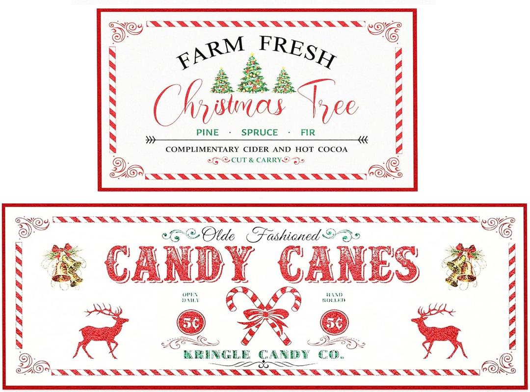 Christmas Farmhouse Kitchen Rugs, Thick Xmas Kitchen Mats Set of 2 for Christmas Decor Non-Slip Washable Old Fashion Holiday Kitchen Rugs with Candy Canes Carpet Winter Bathroom Doorway -17x28x17x47 (White+white)