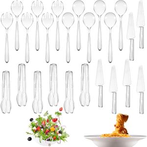 24 Pcs Disposable Plastic Serving Utensils Set 6 Each 9.7" Serving Spoons Forks 9.5" Knife and 6.3" Tongs for Wedding Graduation Party Birthday Catering Buffet Supplies(Clear)