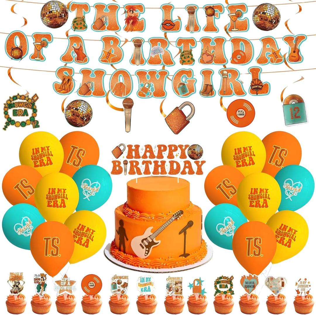 The Life of A Birthday Showgirl Party Decorations - Upgraded Decor Happy Birthday Supplies Hanging Swirls Banner Cake Topper Cupcake Toppers Balloons Merch Stuff