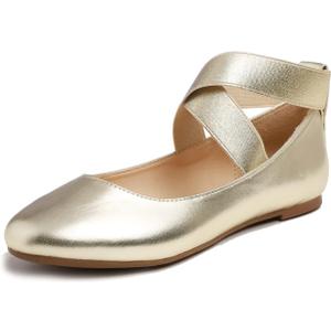 FEVERSOLE Women's Fashion Elastic Ankle Strap Shoes Round Toe Ballet Flat, 40