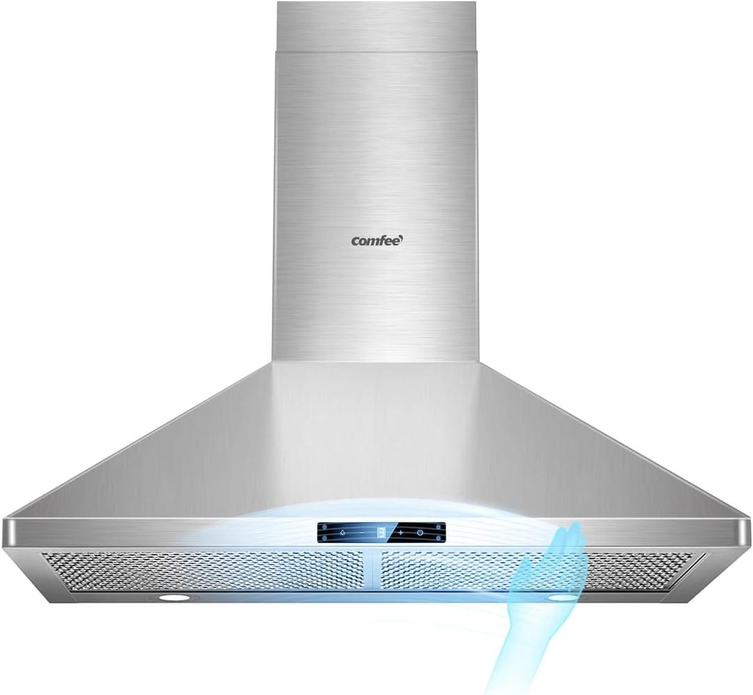 COMFEE' CVP30W7AST 30 Inch 450 CFM 3 Speed Gesture Sensing &Touch Control Panel Stainless Steel Wall Mount Ductless/Ducted Convertible Vent Baffle Filters and 2 LED Lights Range Hood, Stainless Steel 