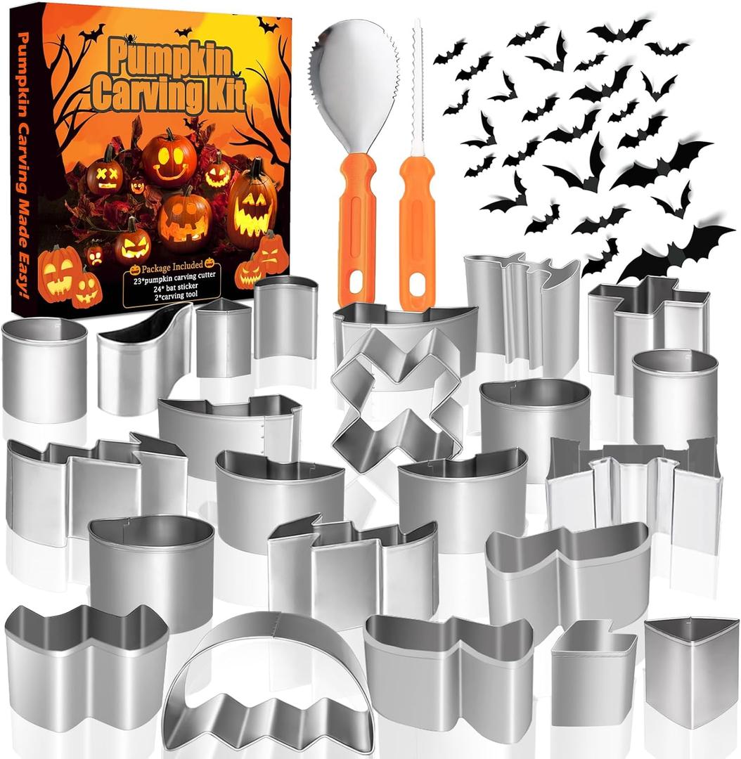 49PCS Pumpkin Carving Kit for Helloween, Easy & Safe Pumpkin Carving Tools for Kids, 23PCS Stainless Steel Stencils with 2 Carving Tools and 24 Bat Stickers for Halloween Decoration