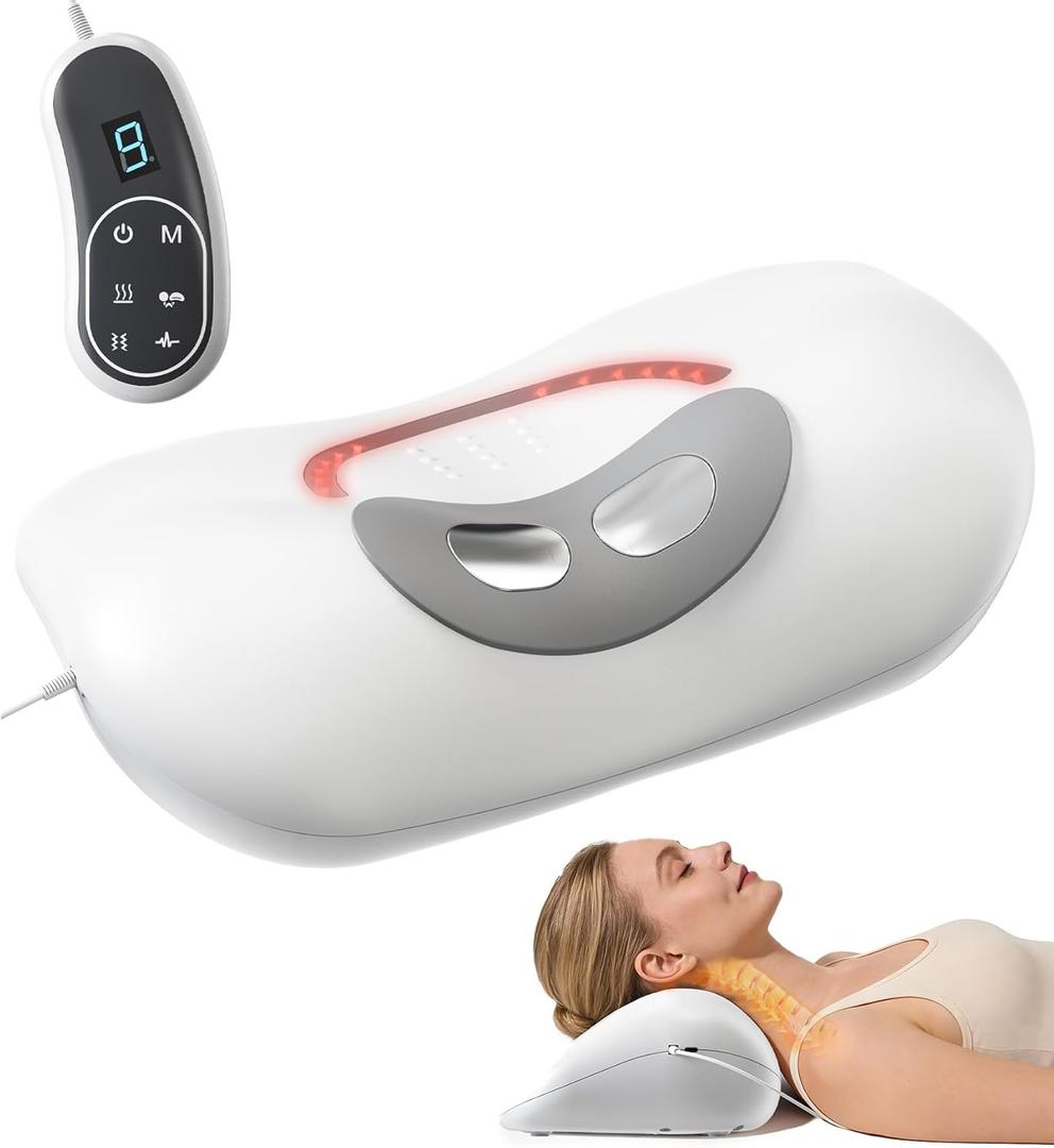 Neck Traction Device with Red Light Therapy and Heating, TMJ Device Cervical Traction Pillow for Neck, Shoulder, and Back Pain Relief, Home/Office Use Neck Massage Pillow White