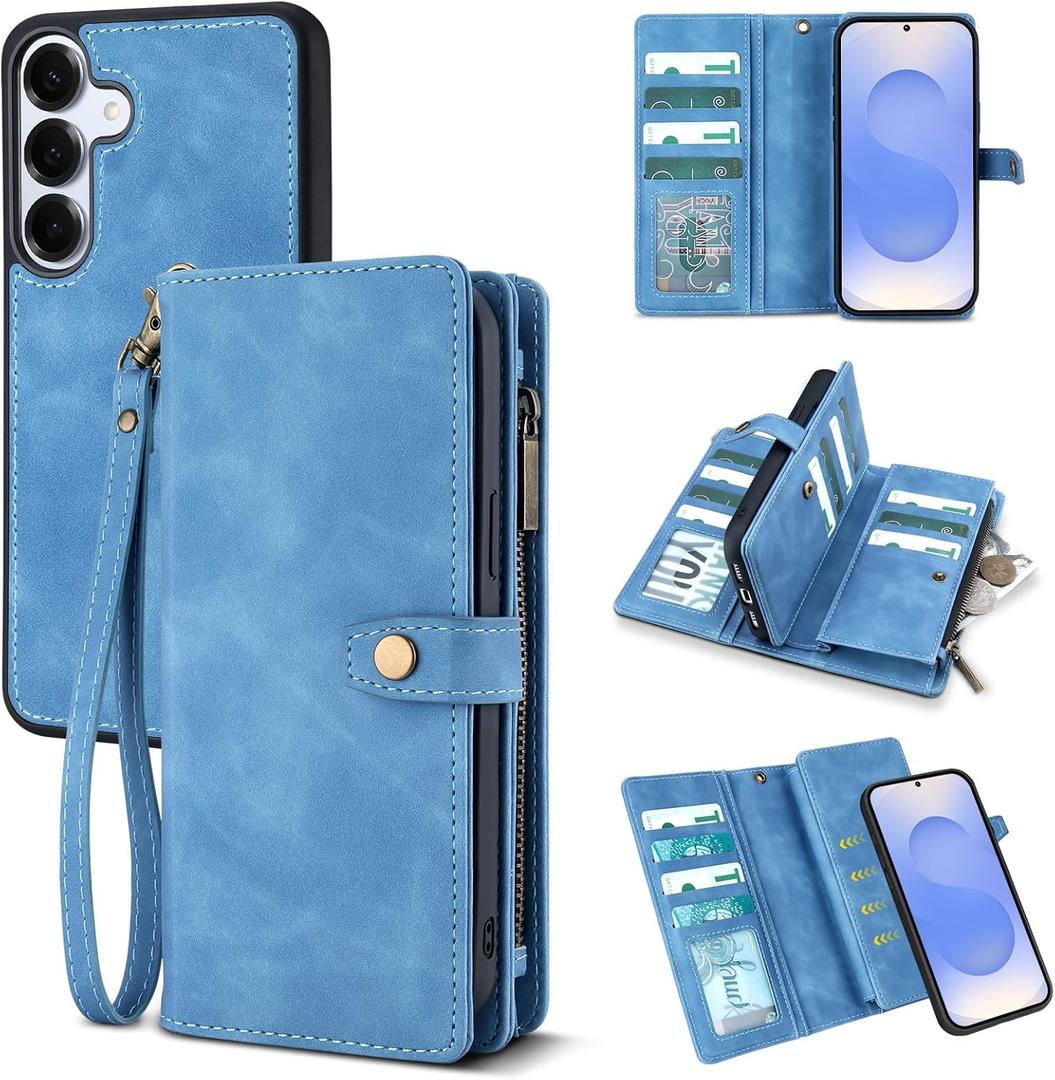 TwoHead for Samsung Galaxy S25 Wallet Case with Card Holder, Detachable Magnetic Phone Case for S25,PU Leather All-Round Protective Phone Case Wallet with Wrist Strap(6.2 in,Sky Blue)