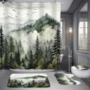 NBVKO 4Pcs Green Misty Forest Shower Curtain Set with 12 Hooks Non-Slip Rugs,Toilet Lid Cover and Bath Mat,Nature Tree Mountain Bathroom Decor for Hotel & Home Bathroom