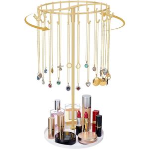 Novabright 13.8" Tall Rotating Necklace Holder Organizer with 24 Hooks,360Spinning Gold Jewelry Display Stand Tree for Necklaces Bracelets, Metal Jewelry Tower with Tray,Gift for Women Mom Birthday