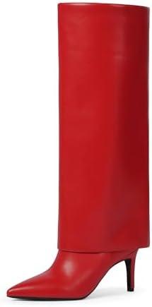 VIUGJNEX Knee High Boots Women Fold Over Boots Pointed Toe Stiletto Heel Long Shark Tall Boots with Zipper Size 8.5