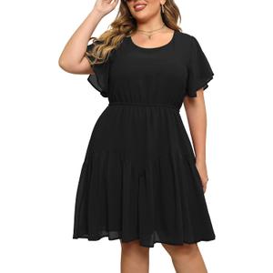 Nemidor Plus Size Summer Dresses for Curvy Women Casual Boho Midi Chiffon Print Floral Dress with Ruffle Sleeve (Black, 20)