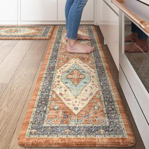 KIMODE Anti Fatigue Kitchen Mats for Floor, Boho Vintage Kitchen Rugs Sets of 2, Cushioned Kitchen Floor Mats Non Slip, Comfort Rugs for Kitchen Floor Sink Laundry Desk Orange 17.3"x29"+17.3"x59"
