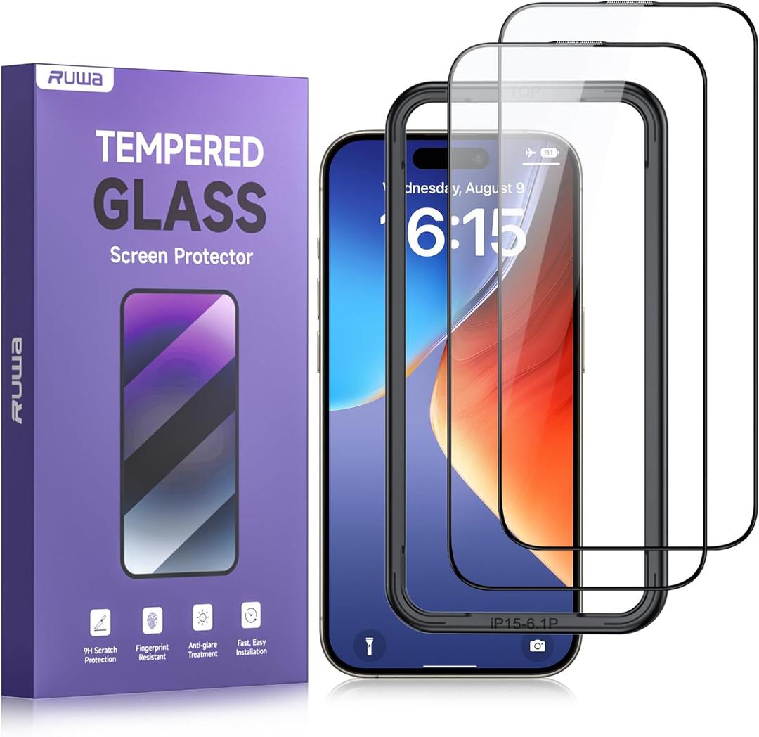 2 x ruwa Screen Protector for iPhone 15 Pro [6.1 Inch][2-Pack] Tempered Glass with Easy Installation Frame, HD Clear,Anti-Scratch,Full Coverage