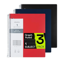 Spiral Notebook for School 3 Pack, 1 Subject, 4x4 Graph Ruled Paper, 100 Sheets, 9" x 11", 1 Divider with Pocket, 3 Hole Punched, Plastic Cover, 1/4" Grid Note Book Bulk, Assorted Colors