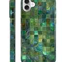 Case for iPhone 16 Case,Green Toned Glass Mosaic Patten Design - Hybrid Dual Protection Silicone + Hard PC Shockproof Full Body Cover Slim Anti-Scratch Protective Case for Men Women