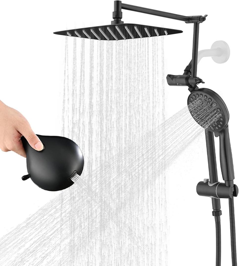 12" x 8" Rectangle High Pressure Rainfall Shower Head with Handheld Combo, 9 Setting Handheld Shower Head, Adjustable Height Shower Extension Arm and Slide Bar for Easy Reach - Matte Black