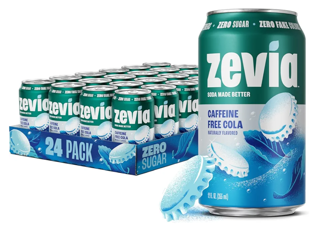 Zevia Zero Sugar Soda, Caffeine Free Cola, 12 oz Cans (24-Pack) – Naturally Sweetened, Zero Calorie Sugar Free Soda - Non-GMO Project Verified, Gluten-Free, Vegan BB: 06/06/2027