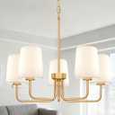 Farmhouse Chandelier, 5-Light Gold Chandelier with White Fabric Shade, Height Adjustable Modern Dining Room Light Fixture with E26 Base for Bedroom Foyer Hallway Entryway Kitchen Living Room