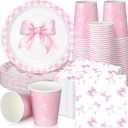 Hushee 200 Pcs Pink Bow Party Supplies Coquette Paper Plates Napkins Cups Pink Bow Baby Shower Tableware Disposable for Birthday Bridal Shower Engagement Bachelorette Party Dinnerware Supplies