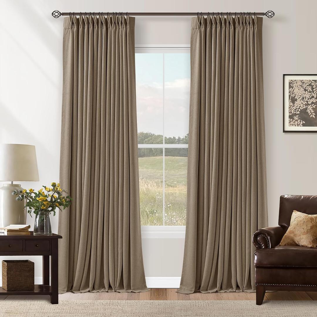 Latte 96 Inch Pinch Pleated Blackout Linen Curtains for Bedroom Living Room 2 Panels Set Memory Trained 100% Black Out Soundproof Room Darkening Window Curtains Double Layer Pinch Pleat Drapes, 40"W x 96"L
