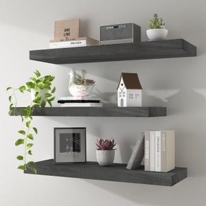 Floating Shelves 24 Inch Wall Shelf Solid Wood Mounted Storage for Bedroom Living Room Set of 3, Rustic Grey Wall Shelves