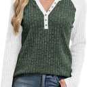JomeDesign Womens Sweaters V Neck Long Sleeve Shirts Color Block Loose Casual Fall Tops 2025 Trendy Outfits S-2XL (Green, M)