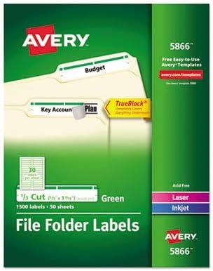 Permanent Filing Labels, 1/3 Cut, 1500/BX, Green