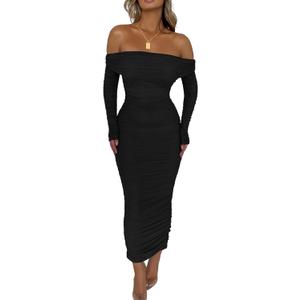 PRETTYGARDEN Women's Fall Off The Shoulder Maxi Dress Spring Long Sleeve Ruched Fitted Bodycon Club Dresses with Slit (Large, Black)