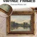Vintage Gold Framed Landscape Wall Art Vintage River Painting Canvas Prints Landscape Wall Decor Countryside Painting Style Poster Print Artwork for Living Room Bedroom Home Decoration