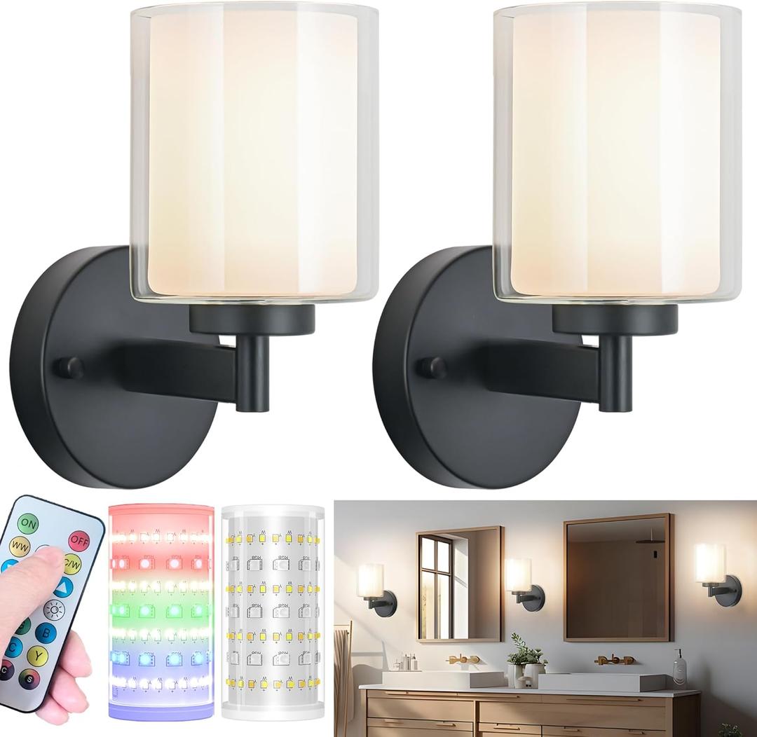 Battery Operated Wall Sconce Set of 2, Wireless Wall Sconce with Remote,10000mAh Rechargeable RGB Dimmable Bathroom Light Fixtures with Double Clear Glass Shade NOT Hardwired (Black)
