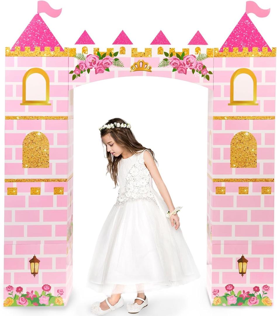 WERNNSAI Pink Princess Cardboard Castle Playhouse - 58.2" Large DIY Foldable Castle Backdrop Princess Birthday Party Decorations for Girls Photo Booth Baby Shower Decorations