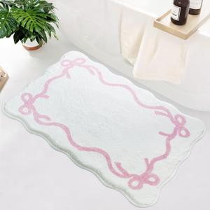 SHIYUE Scalloped Bow Bathroom Mat, Coquette Cute Non Slip Rug Aesthetic Preppy Microfiber Room Decor, Soft Bathtub Decoration(18"26" Pink)