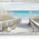 Coastal Beach Framed Wall Art: Rustic Ocean Landscape Picture Modern Seascape Painting Seaside Boardwalk Artwork Prints Decor for Bathroom, 24"L x 12"W