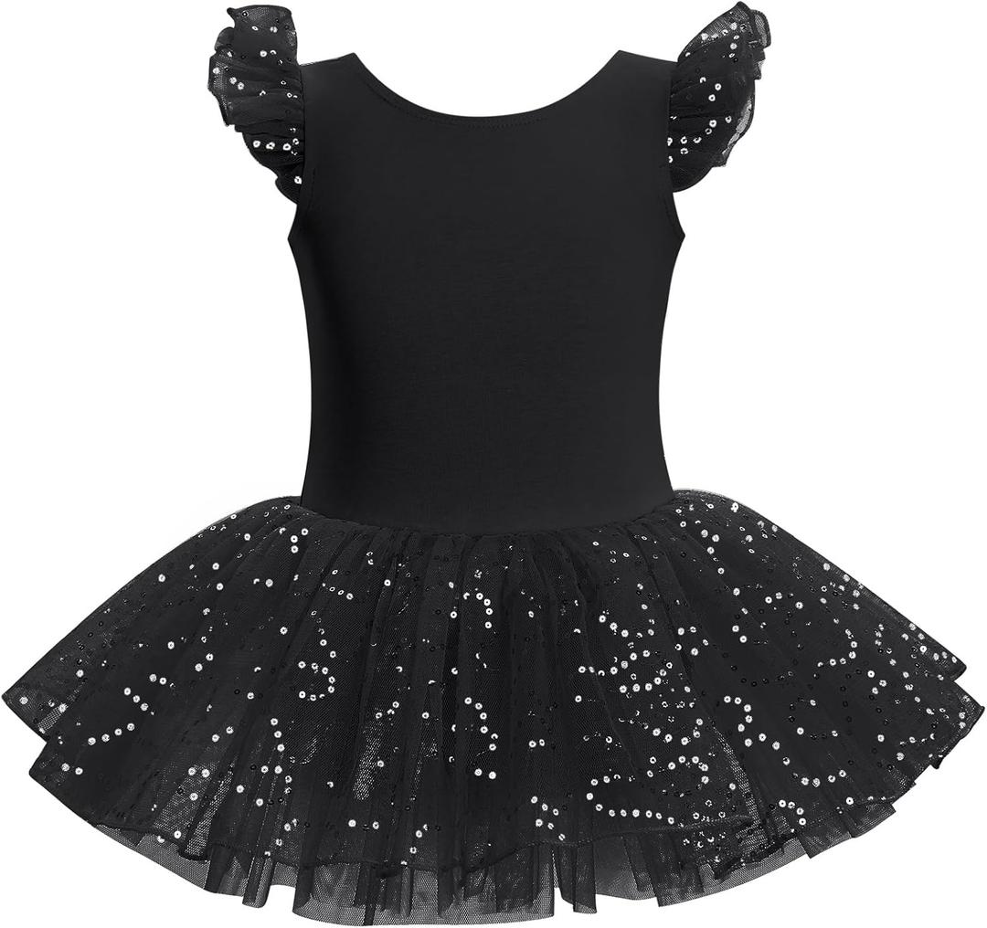 Kid Girls Classic Ruffle Sleeve Ballet Skirted Leotard Shiny Dance Tutu Dresses Ballerina Costume (Black)